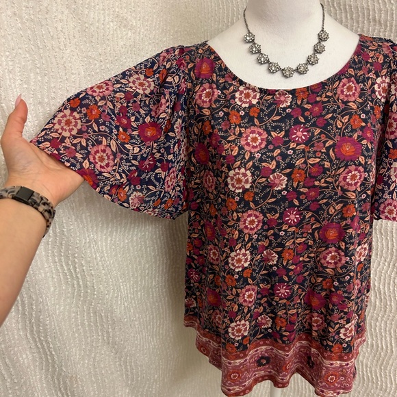 Lucky Brand Boho Floral Top Size Large Ruffle Sleeve Romantic Peasant Blouse - Picture 3 of 12